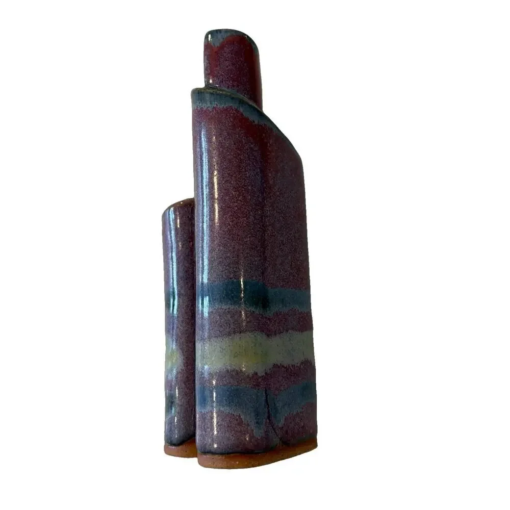 Vintage 1988 Bay Pottery Ribbon Vase 3-Chamber 7” Studio Art Purple Blue Glaze